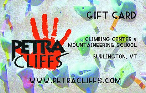 Rock climbing, mountaineering, skiing gift card from Petra Cliffs in Burlington Vermont