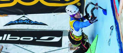 andrea charest competing ice climbing competition petra cliffs
